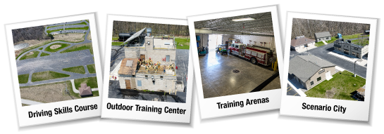 a collage of Lakeshore's Driving Skills Course, Outside Training Center, Training Arenas, and Scenario City
